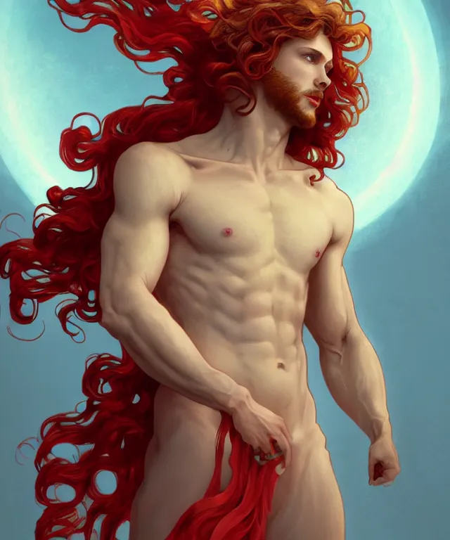 Prompt: symmetrical fullbody portrait of a beautiful young fit male angel with curly blond hairs, full dressed in long fluent red clothes, majestic big demon wings, luminous fire halo, by greg rutkowski and alphonse mucha, gradient white to gold, in front of an hellish background, highly detailed portrait, digital painting, artstation, concept art, smooth, sharp focus illustration