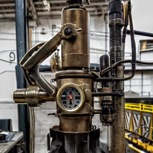 Prompt: A random pointless contraption ((((steampunk)))) industrial appliance pneumatic machine with no apparent purpose, being operated by a scholarly looking man with a clear directed gaze, XF IQ4, f/1.4, ISO 200, 1/160s, 8K, RAW, unedited, symmetrical balance, in-frame