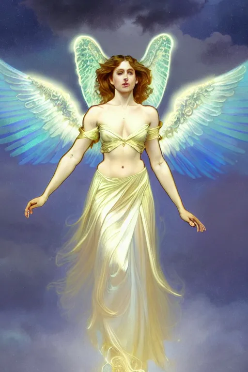 Prompt: fullbody portrait of a beautiful young fit woman angel with curly blond hairs, soft smile, closed eyes, blessing palms, dressed in long fluent skirt, majestic symmetrical eagle wings, luminous halo, by greg rutkowski and alphonse mucha, gradient white to gold, in front of an iridescent background, highly detailed portrait, digital painting, smooth, glowing outline, focus illustration