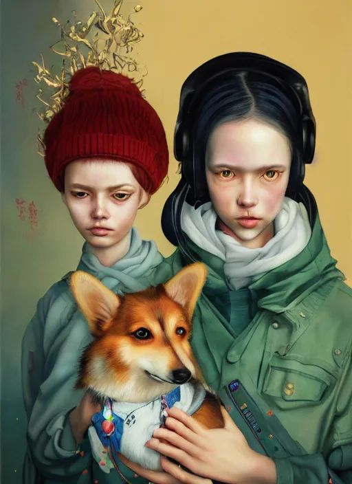 Prompt: beautiful portrait painting of a beautiful cute teenage Scandinavian lofi cyberpunk princess and her corgi assassin king happy, by Afarin Sajedi, Alessandro Barbucci, Alex Gross, Shin Jeongho, Shohei Otomo. trending on Artstation, 8k, masterpiece, face enhance, graffiti paint, fine detail, full of color, intricate detail, golden ratio illustration