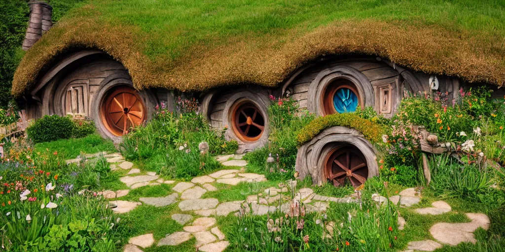 beautiful overgrown Earthship home made from clay cob, Stable Diffusion