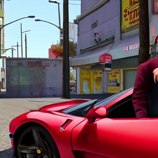 Prompt: nathan fillion in a GTA V loading screen leaning on a parked red ferrari on a busy street with a upscale storefront