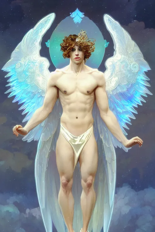 Image similar to symmetrical, beautiful young fit male angel with curly blond hairs, dressed with fluent clothes, majestic wings, luminous halo, by greg rutkowski and alphonse mucha, d & d character, gradient white to gold, in front of an iridescent background, highly detailed portrait, digital painting, artstation, concept art, smooth, sharp focus ilustration, artstation hq