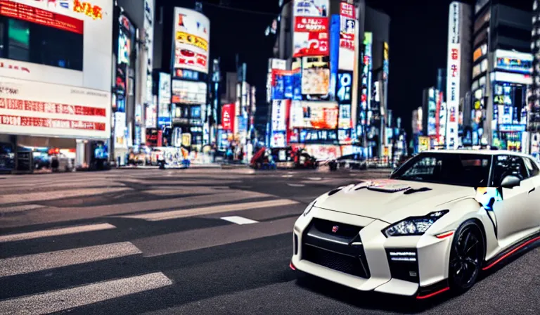 Image similar to wideshot of a nissan skyline gtr driving in tokyo at night, highly detailed, 4k photo, shot with sony alpha