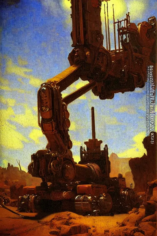 Image similar to fallout, huge machine robot, cool tint, painting by, gaston bussiere, johannes vermeer