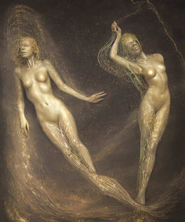 Image similar to Beautiful full-body wax sculpture of a glowing clothed transparent mermaid in a glowing dress with visible gold bones covered with melted white wax inside the singularity where stars becoming baroque folds of dark matter by Michelangelo da Caravaggio, Nicola Samori, William Blake, Alex Grey and Beksinski, dramatic volumetric lighting, highly detailed oil painting, 8k, masterpiece