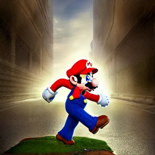 Prompt: Mario running away from his child, highly detailed, lifelike, photorealistic, sharp focus, intricate details, A24!film cinematography, unreal engine, cinematic, hyper realism, high detail, stars in sky, stars, moon,