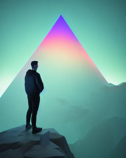 Image similar to a man standing in the middle of a mountain with a glowy neon triangle, a render by filip hodas, behance contest winner, environmental art, rendered in cinema 4 d, volumetric lighting