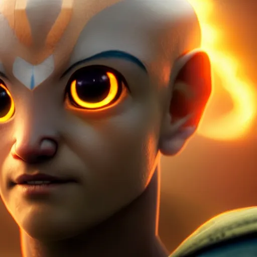 Image similar to portrait of a avatar aang, front angle, white glowing eyes, earthly elements raging in background, stunning 3 d render inspired art by greg rutkowski and xiang duan and thomas eakes, realistic, highly detailed attributes and atmosphere, dim volumetric cinematic lighting, 8 k octane detailed render, post - processing, masterpiece, soft vignette