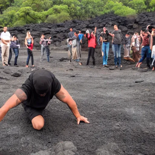 Prompt: a man does cartweels across a lava pit while a crowd of eyeballs cheer him with a tv drew filming