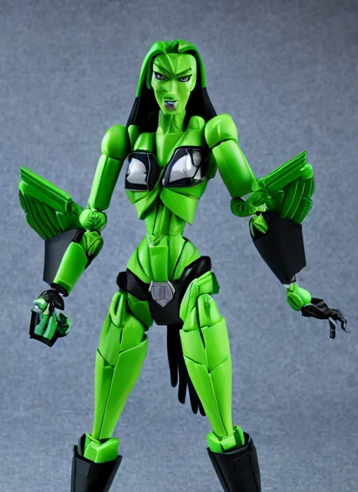 Image similar to Transformers Decepticon Shego action figure from Transformers: Kingdom, symmetrical details, by Hasbro, Takaratomy, tfwiki.net photography, product photography, official media