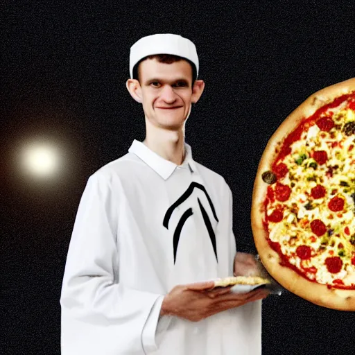 Prompt: A cinematic still of Vitalik Buterin dressed in white with a wizard hat holding a big pizza in his hands