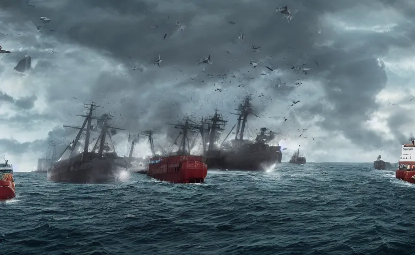 Prompt: a kelpie attacking cargo ships, 4 k uhd