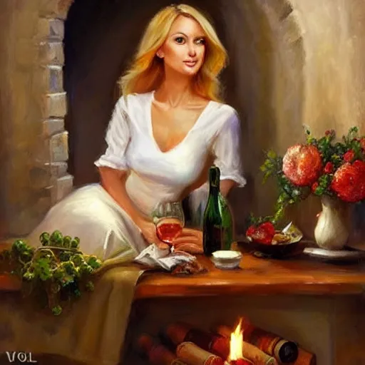 Image similar to wine cellar full of food, torches on the wall, schnapps, romantic, inviting, cozy, blonde woman, painting Vladimir Volegov