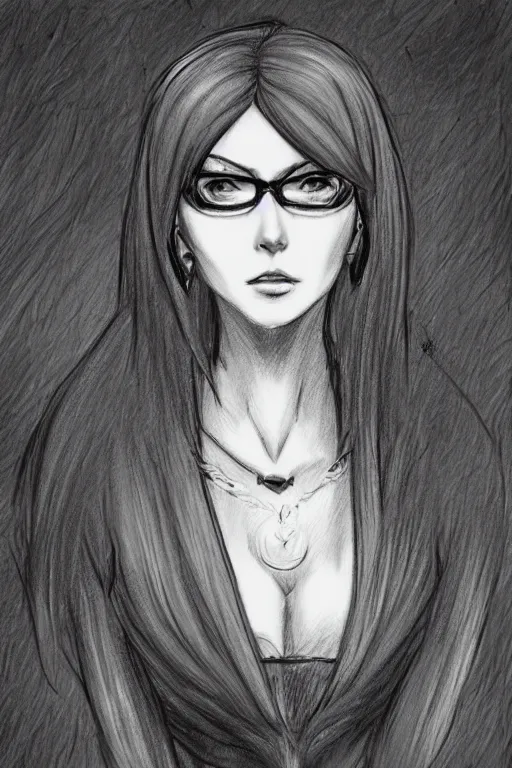 Image similar to Sketch portrait of fully clothed Bayonetta in the style of Da Vinci