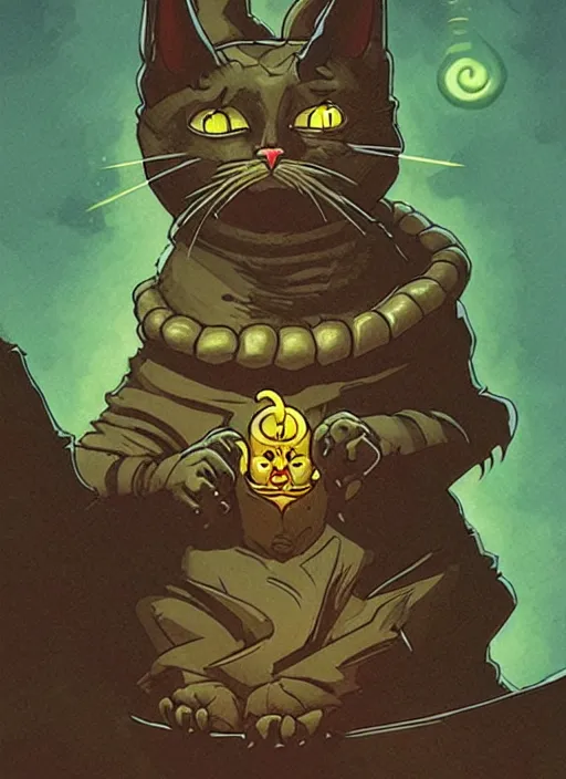 Prompt: highly detailed, hyper realistic wizard cat with a dungeon background by mike mignola