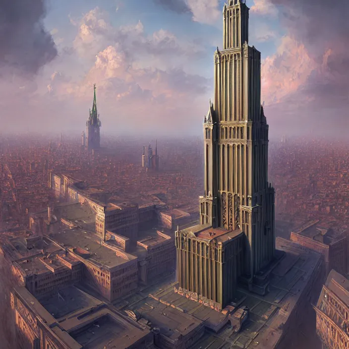 Image similar to matte painting by marc simonetti, jonathan solter, greg rutkowski of a moscow state university building, masterpiece, cinematic, hyperdetailed, photorealistic, hyperrealism, architecture, aerial view,