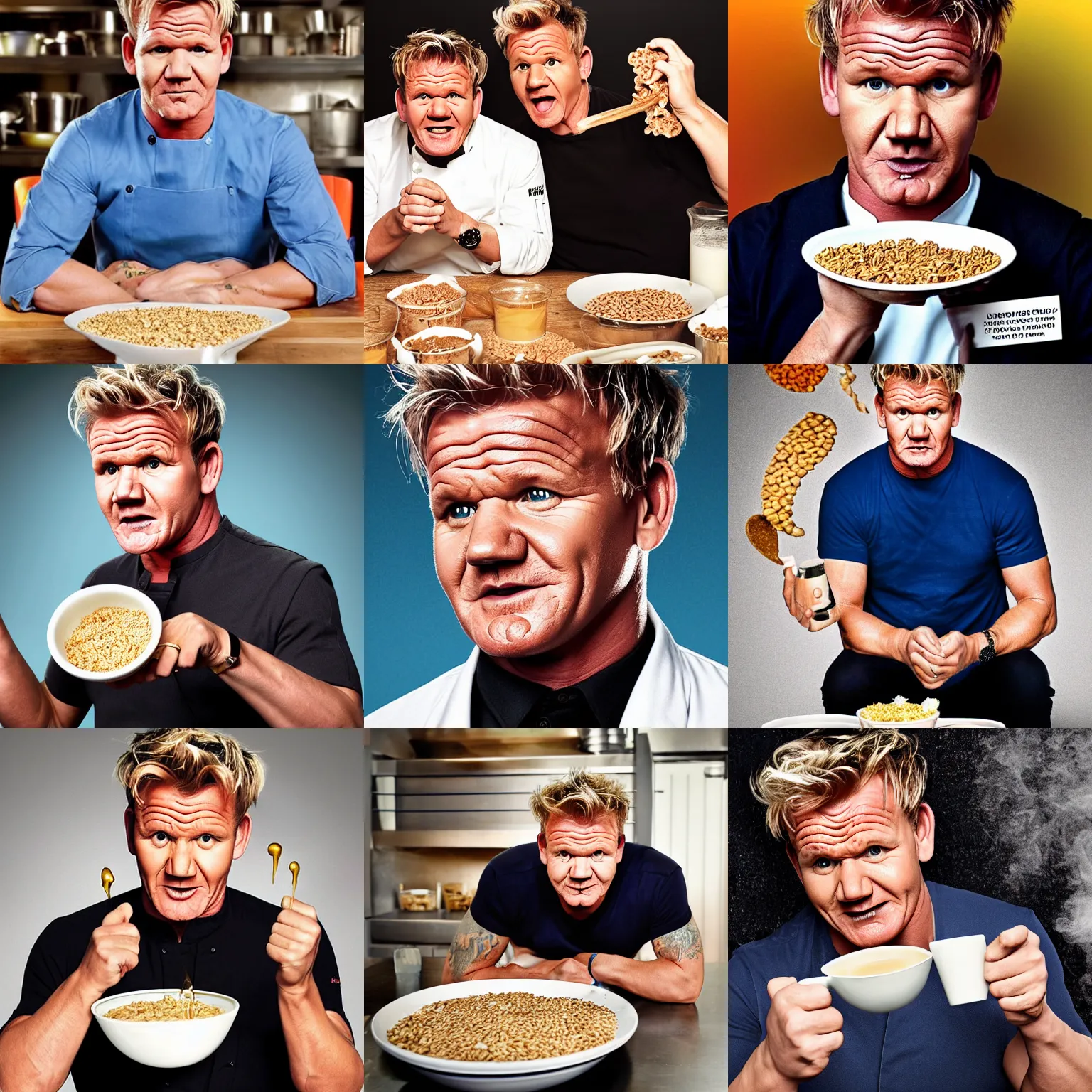 Prompt: Gordon Ramsay\'s mouth dripping with cereal and milk, photograph