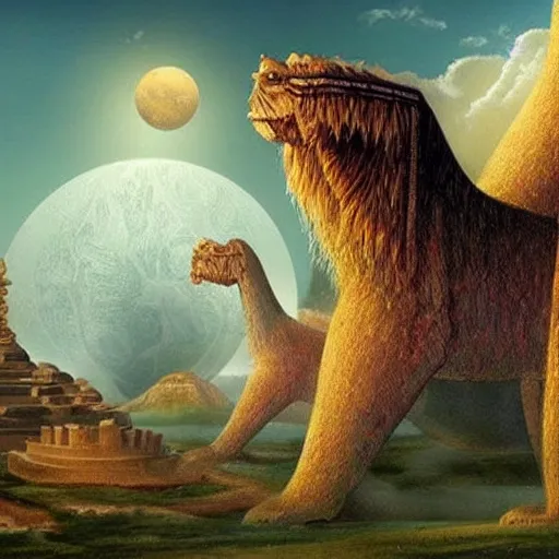 Prompt: ancient civilizations living on a giant and weird animal, beautiful depiction of another world