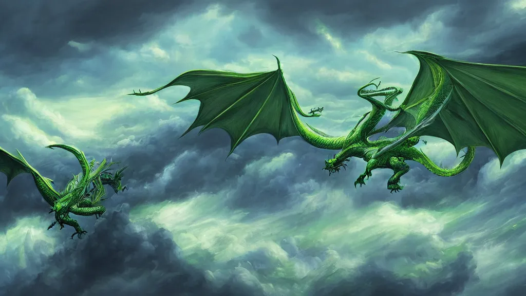 Image similar to surrealist painting of a huge green dragon flying through a stormy cloudy sky, lightning striking all around it, blue and green color scheme, fantasy artwork, award winning, hyper detailed, very very very beautiful, studio lighting, artstation