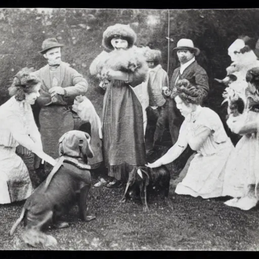 Image similar to a 1900s photo of a cultists worshiping a dog