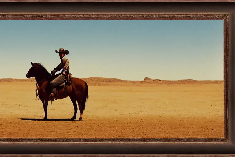 Prompt: a lone tired cowboy rides his horse in a vast desert valley, cinemascope, grand vista, greys and rust hues, fredrick remington, widescreen