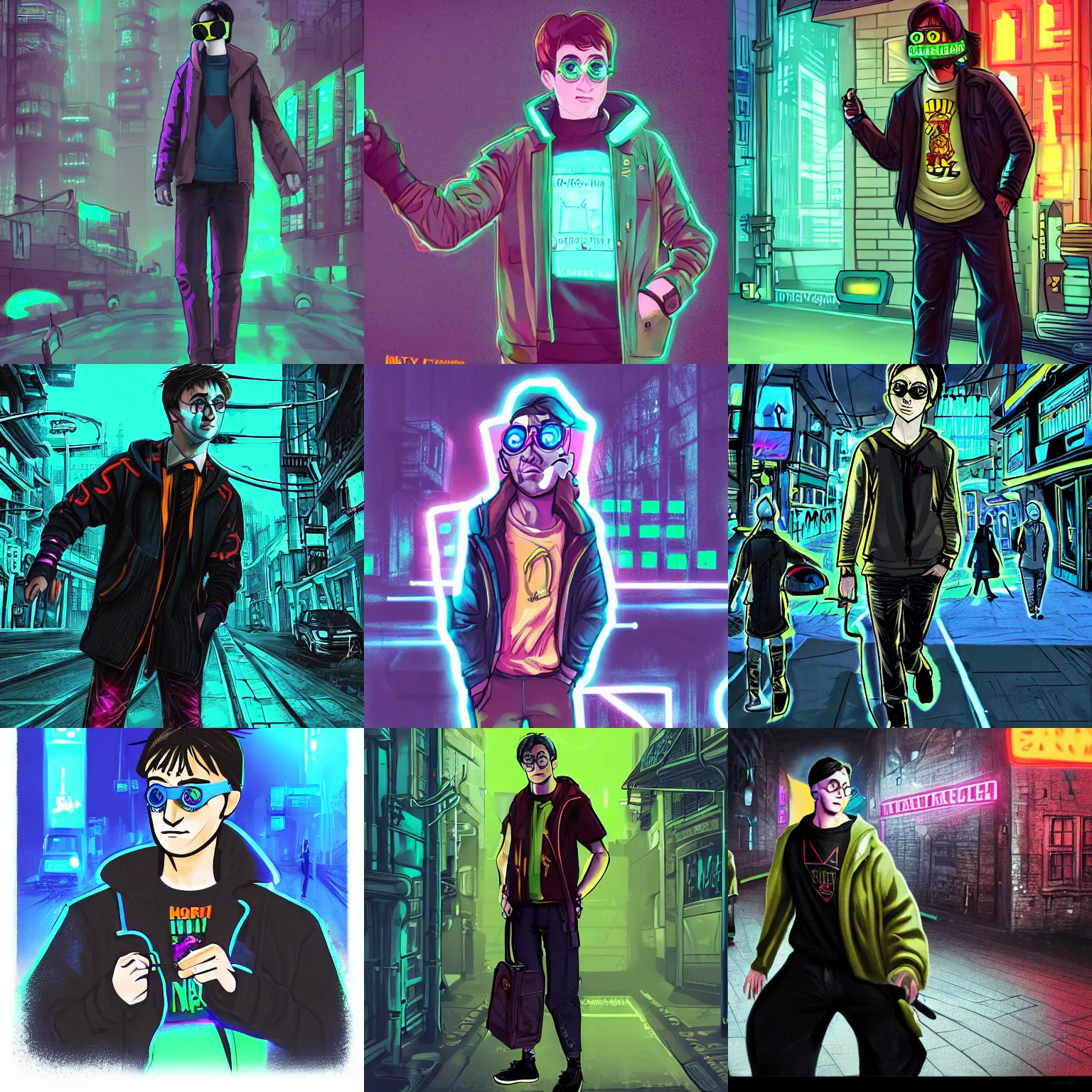 Prompt: Harry Potter as a young cyberpunk street thug wearing goggles and cool clothes in a cyberpunk city during night with neon lights, digital art by greg rutkowsk, trending on art station