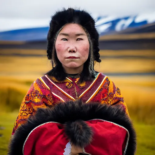 Image similar to ethnographic portraiture photograph of an extremely beautiful!!!! young woman with symmetric face. wearing traditional greenlandic national costume. in iceland. in front of her house. petzval lens. shallow depth of field. on flickr, award winning. national geographic