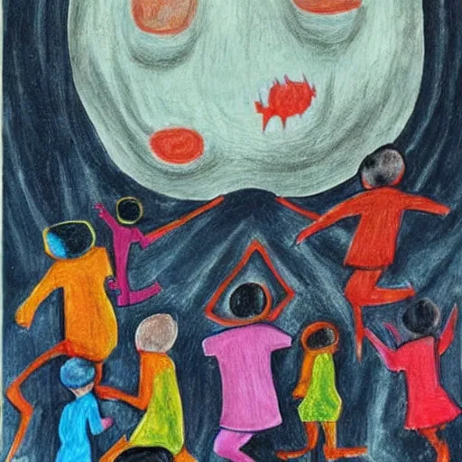 Image similar to abstract children’s drawing of the end of the world., horror,