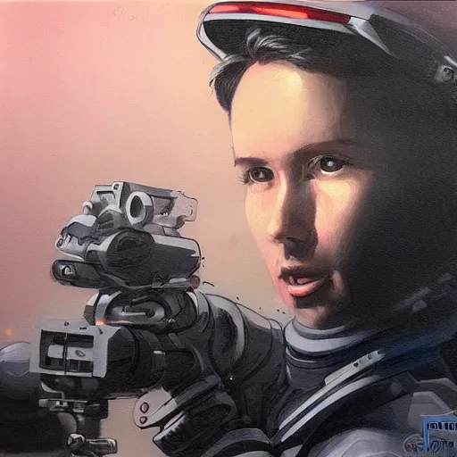 Image similar to portrait painting of a space mechanic, retrowave noir, in the style of frank cho, casey baugh and james jean, hyper realistic face, photorealistic face