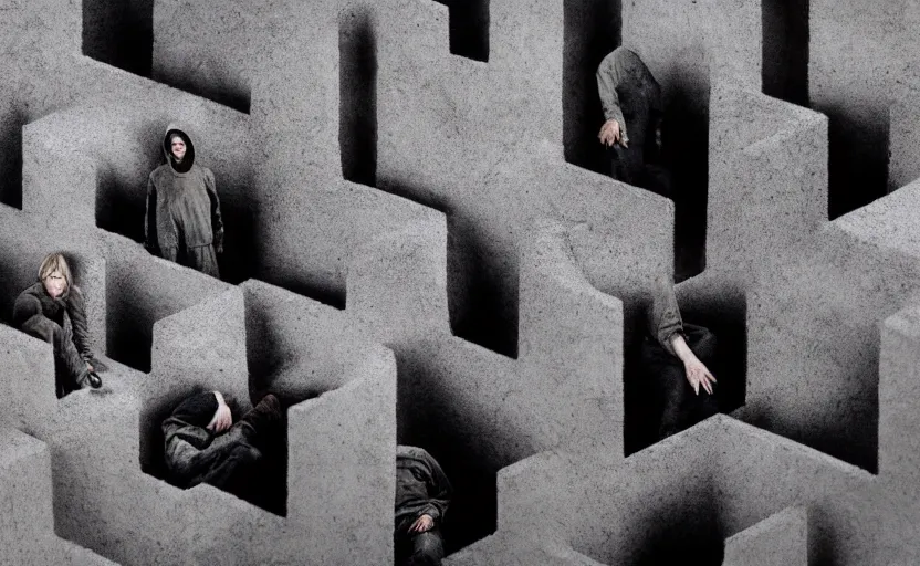 Image similar to cinestill 5 0 d photographic portrait by helen levitt of a group of android women wearing rugged black mesh techwear in a cement maze, extreme closeup, modern cyberpunk, minimalism, dust storm, 8 k, hd, high resolution, 3 5 mm, f / 3 2, ultra realistic faces, intricate detail, ex machina