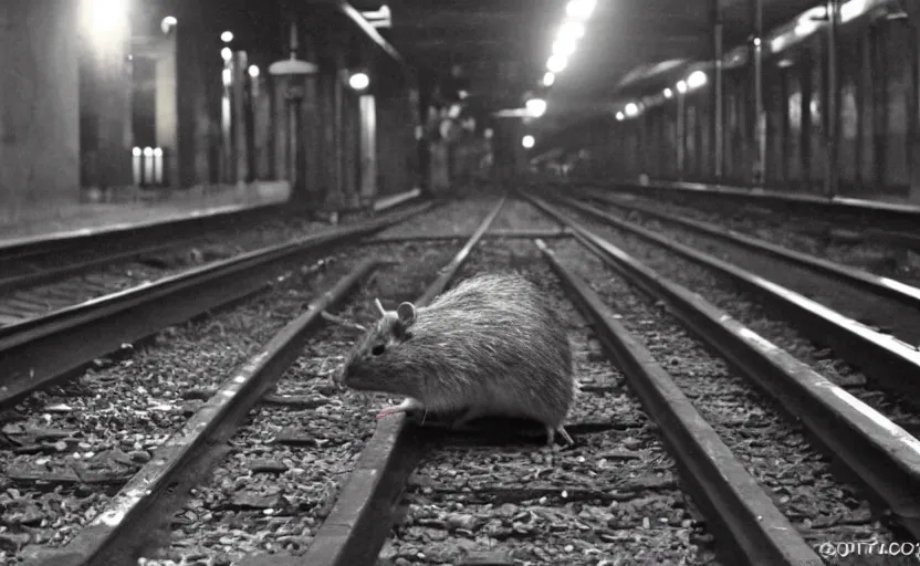 Image similar to giant mutant antropomorphic rat sitting on railways of tonnel of moscow subway. extreme high detail. photo by russos. dark and fear atmosphere.