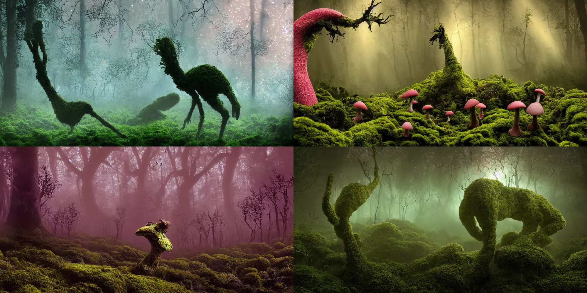 Prompt: organic mushroom lichen moss monster, silhouette of a strange long legged creature foraging through the undergrowth, smoke fog and crepuscular rays, rain and strands of muscus, bizarre, glowing eyes, salmon pink and gold and deep luscious green colour scheme, in the style of patrick woodroffe and salvador dali, dramatic lighting, volumetric lighting, 8k octane unreal render