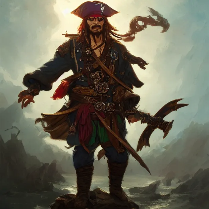 Image similar to pirate captain d & d, d & d style, trending on artstation, intricate, highly detailed, vivid painting, colorful, art by greg rutkowski