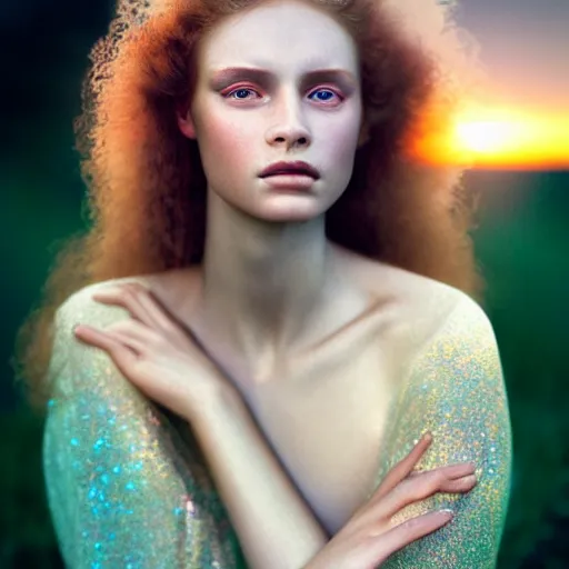 Prompt: photographic portrait of a stunningly beautiful renaissance female with iridescent magic glow, in soft dreamy light at sunset, contemporary fashion shoot, by edward robert hughes, annie leibovitz and steve mccurry, david lazar, jimmy nelsson, extremely detailed, hyperrealistic, perfect face, octane render