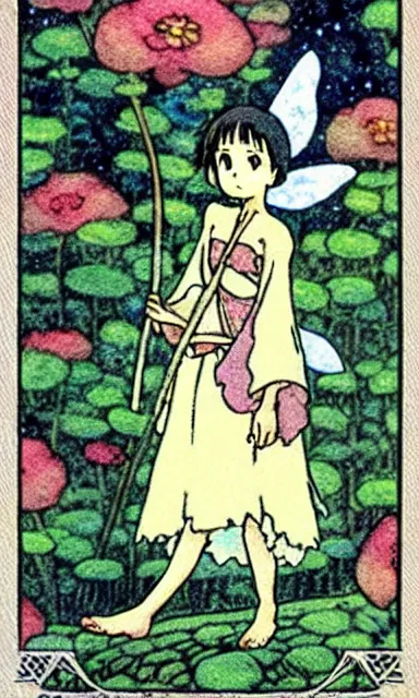 Image similar to fairy floral tarot card by Hayao miyazaki