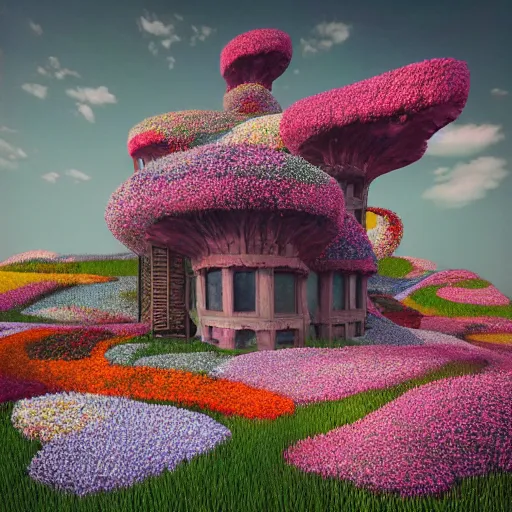 Prompt: a beautiful detailed surreal houses made from flowers in a serene landscape, Edmund Dulac, Jacek Yerka, landscape photography composition,vivid colors,octane render,redshift render :1