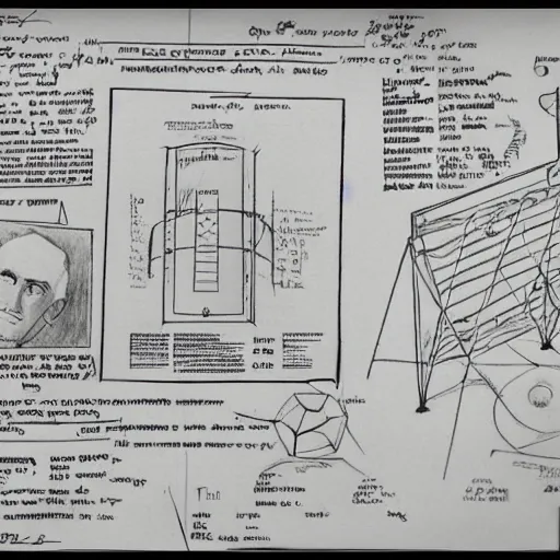 Prompt: lost nikola tesla sketches, diagrams, drawing