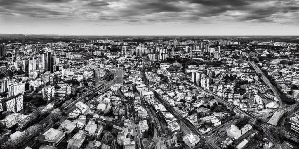 Prompt: drone view of a city with a large road through, Brutalist architecture,sharp focus,telephoto lens,digital art by John J. Park 4k