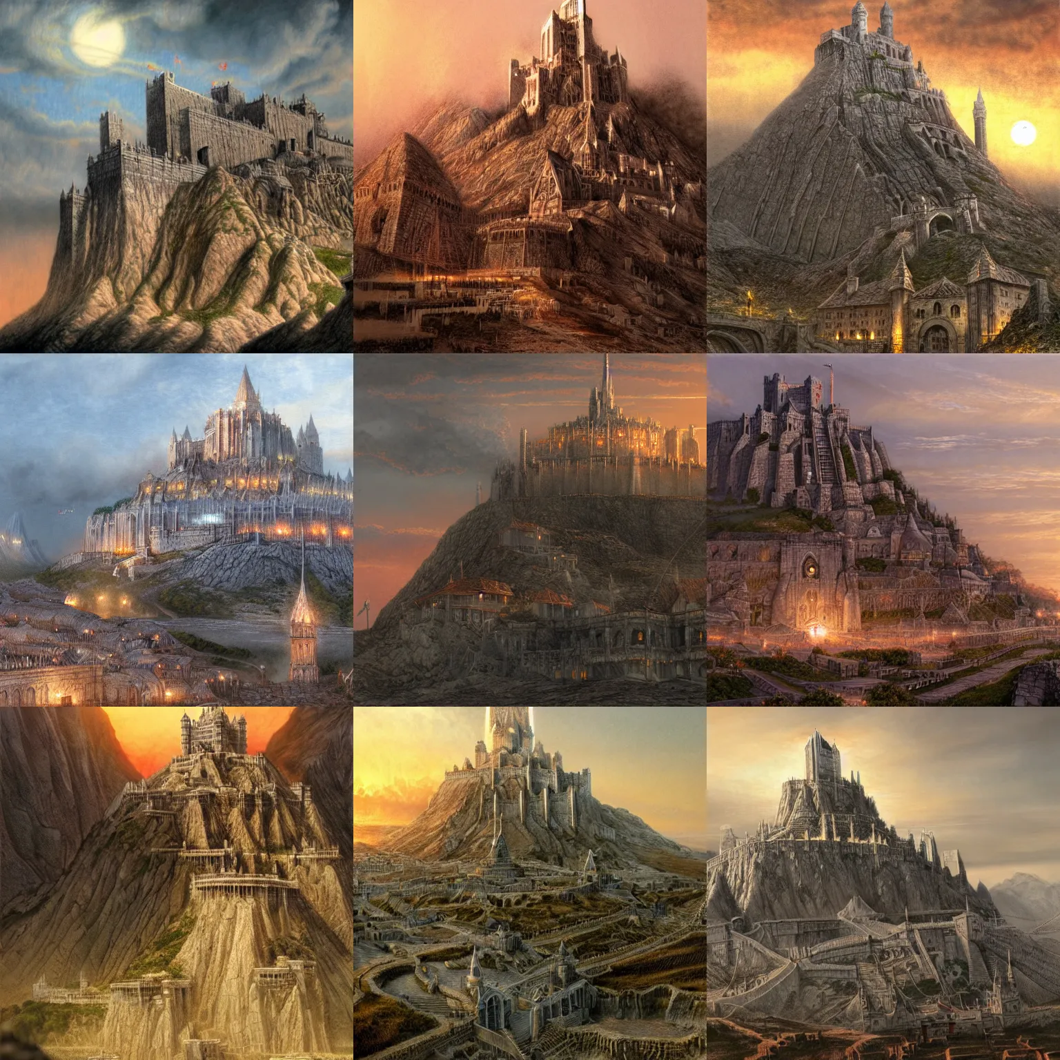 Prompt: Minas Tirith during the second age at sunset by Alan Lee, intricate, highly detailed, digital painting, artstation, concept art, smooth, sharp focus, illustration, vfx