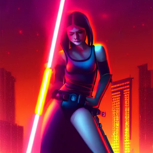 Image similar to a girl holding a lightsaber in a neon cyberpunk city at night, art station, digital art, cinematic, artgerm