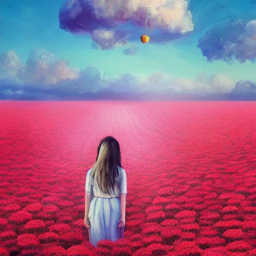 Image similar to head made of carnations flower, girl standing in a vast flower field, surreal photography, sunrise dramatic light, impressionist painting, colorful clouds, large sky, digital painting, artstation, simon stalenhag, flower face