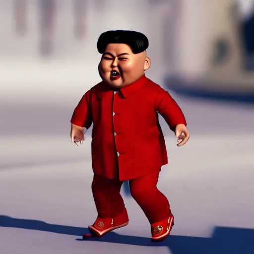 Image similar to kim jong un doll being chased by screaming chucky doll octane render