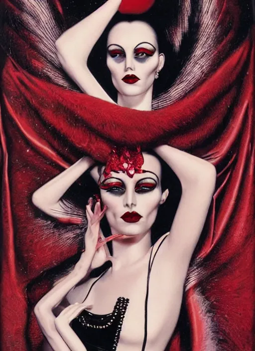 Prompt: an 8 0 s portrait of a woman with dark eye - shadow and red lips with dark slicked back hair with alexander mcqueen face beads dreaming acid - fueled hallucinations by serge lutens, rolf armstrong, delphin enjolras, peter elson, red cloth background