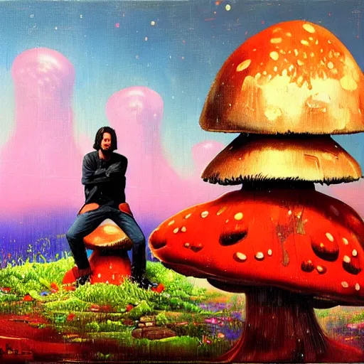 Prompt: Keanu Reeves sitting on a giant mushroom by paul lehr