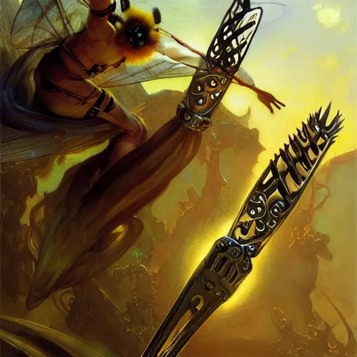 Image similar to highly detailed fork in the form of a bee, art by donato giancola, eugene delacroix, ruan jia, carl larsson, peter mohrbacher. trending on artstation, intricate details, energetic composition, concept art, illustration, elegant art, global illumination