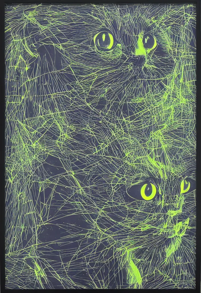 Prompt: cfa champion dark tortie scottish fold cat, framed in a window, watching a bird, data visualization perfect geometry bezier mathematical diagrams hologram overlay revealing sparrows flight trajectory calculation, detailed annotated painting, dark grisaille fluorescent color airbrush spraypaint accents, by jules julien, wes anderson, hannah af klint, black paper risograph 4 k