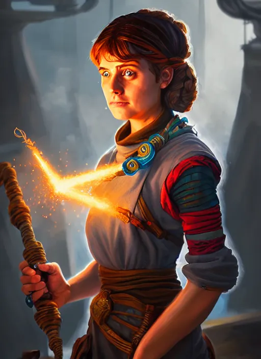 Image similar to An epic fantasy comic book style portrait painting of a young tinker girl working on a device in her workshop in the style of the wheel of time, unreal 5, DAZ, hyperrealistic, octane render, cosplay, RPG portrait, dynamic lighting