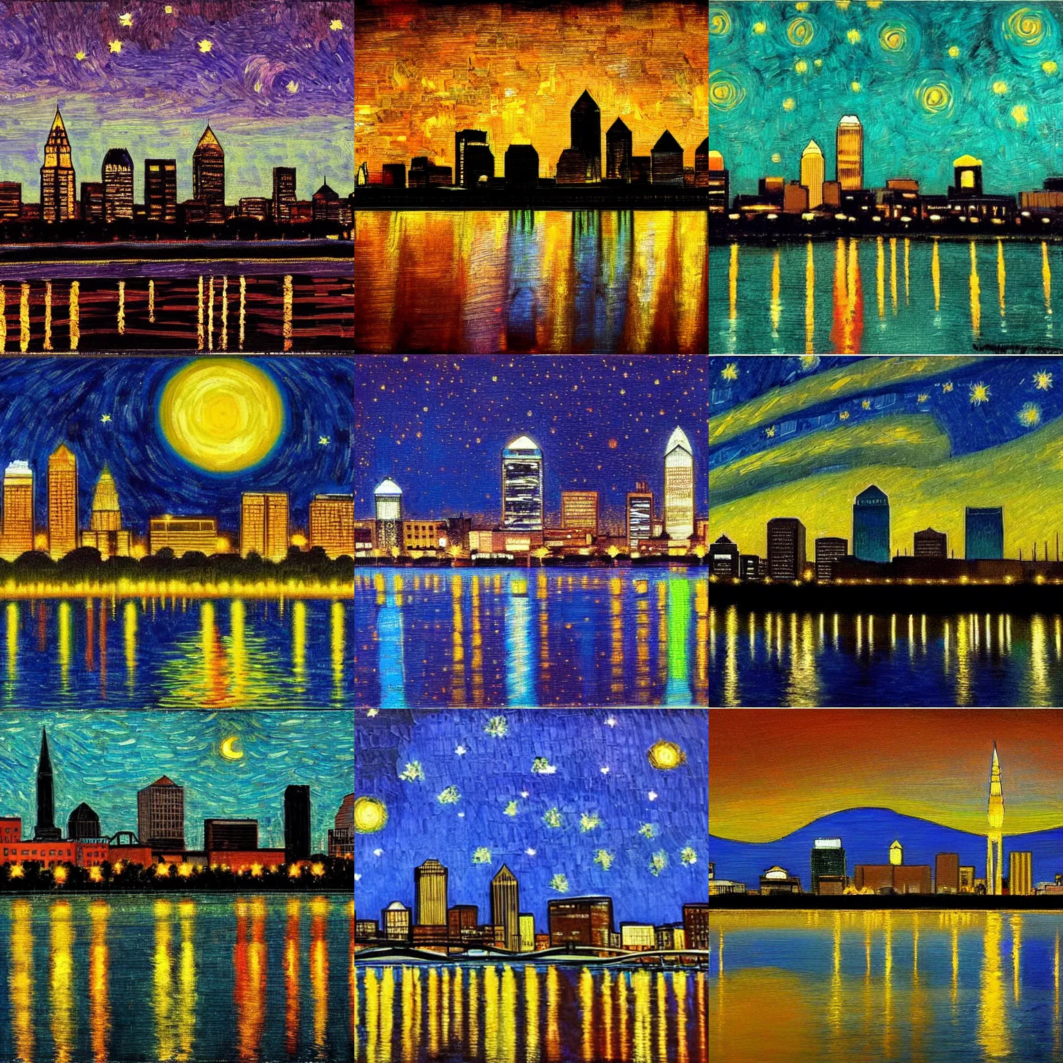 Prompt: louisville ky skyline at night reflecting off the river, in the style of van goghs painting starry night
