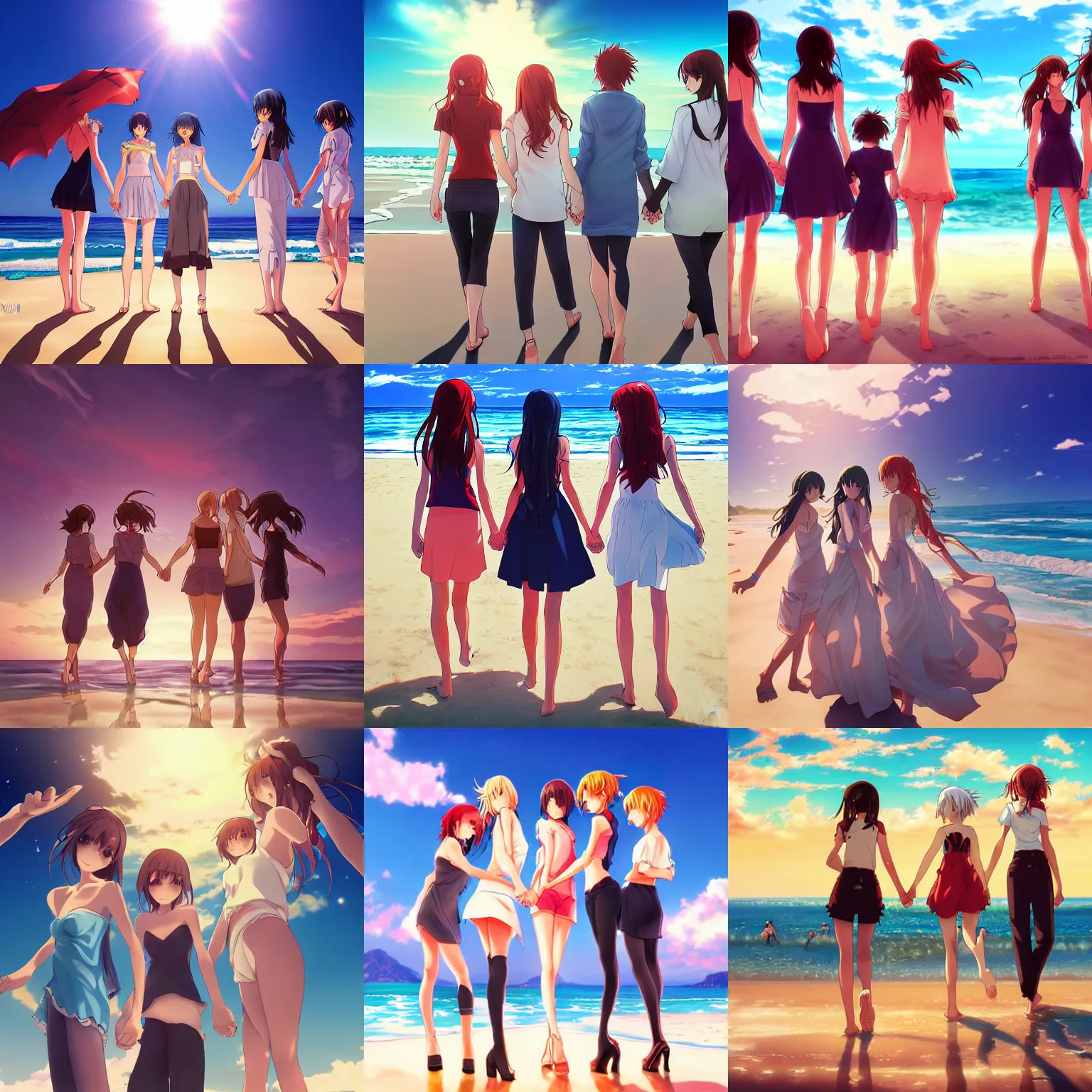 Prompt: anime style, vivid, expressive, full body, 4 k, four women holding hands on the beach, stunning, realistic light and shadow effects, centered, simple background, studio ghibly makoto shinkai yuji yamaguchi artgerm